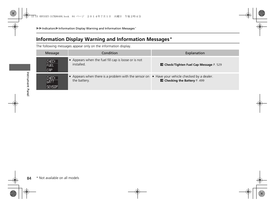 Information display warning and, Information messages | HONDA 2015 Odyssey - Owner's Manual User Manual | Page 85 / 565