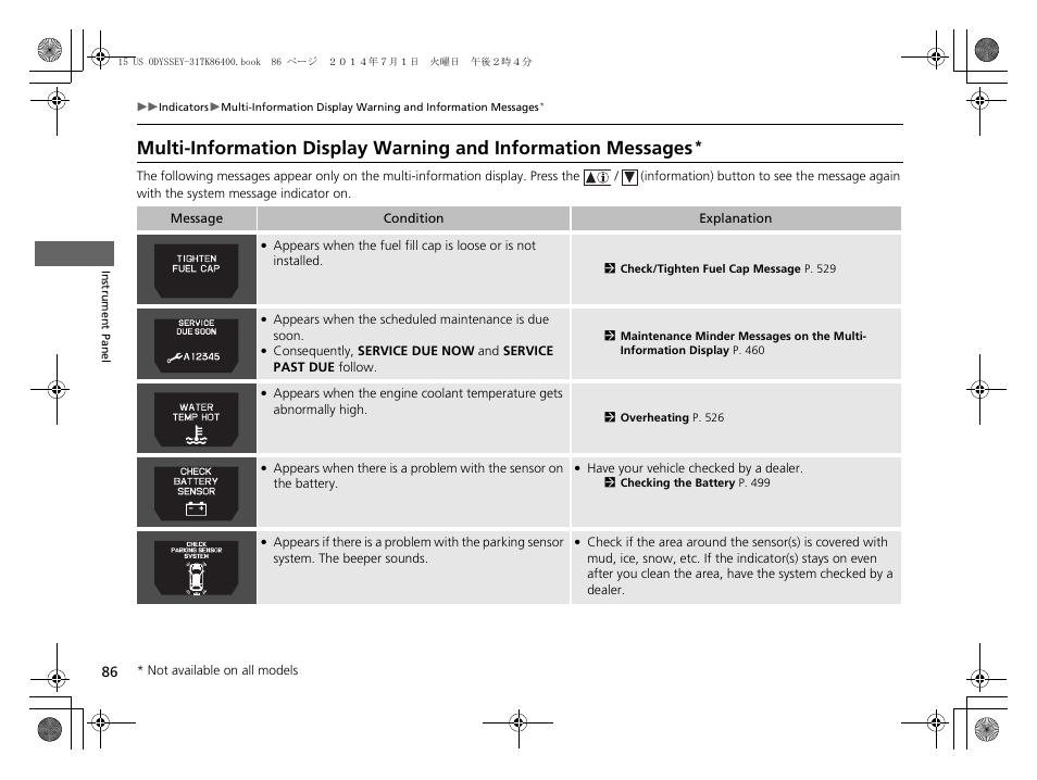 Multi-information display warning and, Information messages | HONDA 2015 Odyssey - Owner's Manual User Manual | Page 87 / 565