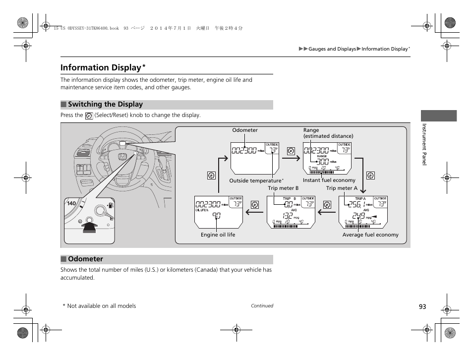 P93), Information display | HONDA 2015 Odyssey - Owner's Manual User Manual | Page 94 / 565