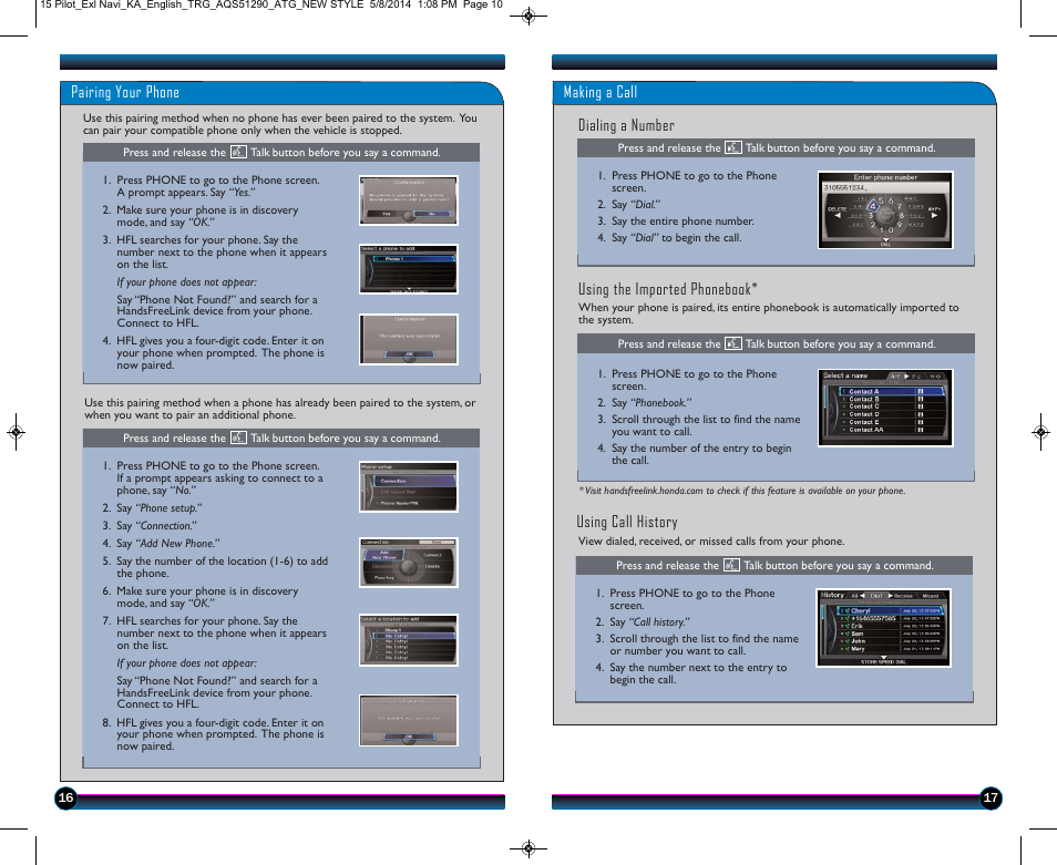 Pairing your phone, Making a call dialing a number, Using the imported phonebook | Using call history | HONDA 2015 Pilot (EX-L with Navigation) - Technology Reference Guide User Manual | Page 10 / 14