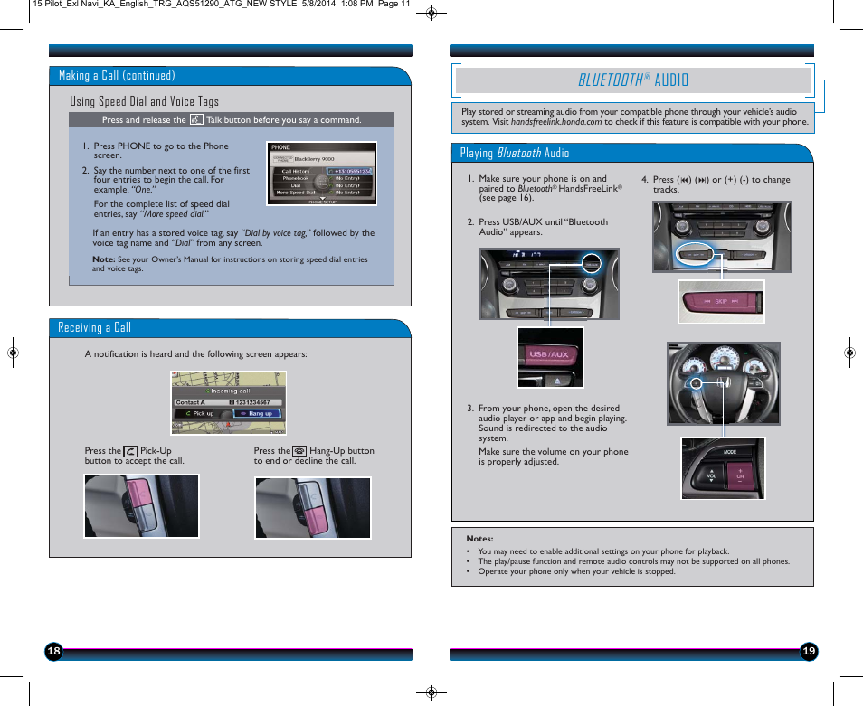 Bluetooth, Audio, Using speed dial and voice tags | Playing bluetooth audio, Receiving a call, Making a call (continued) | HONDA 2015 Pilot (EX-L with Navigation) - Technology Reference Guide User Manual | Page 11 / 14