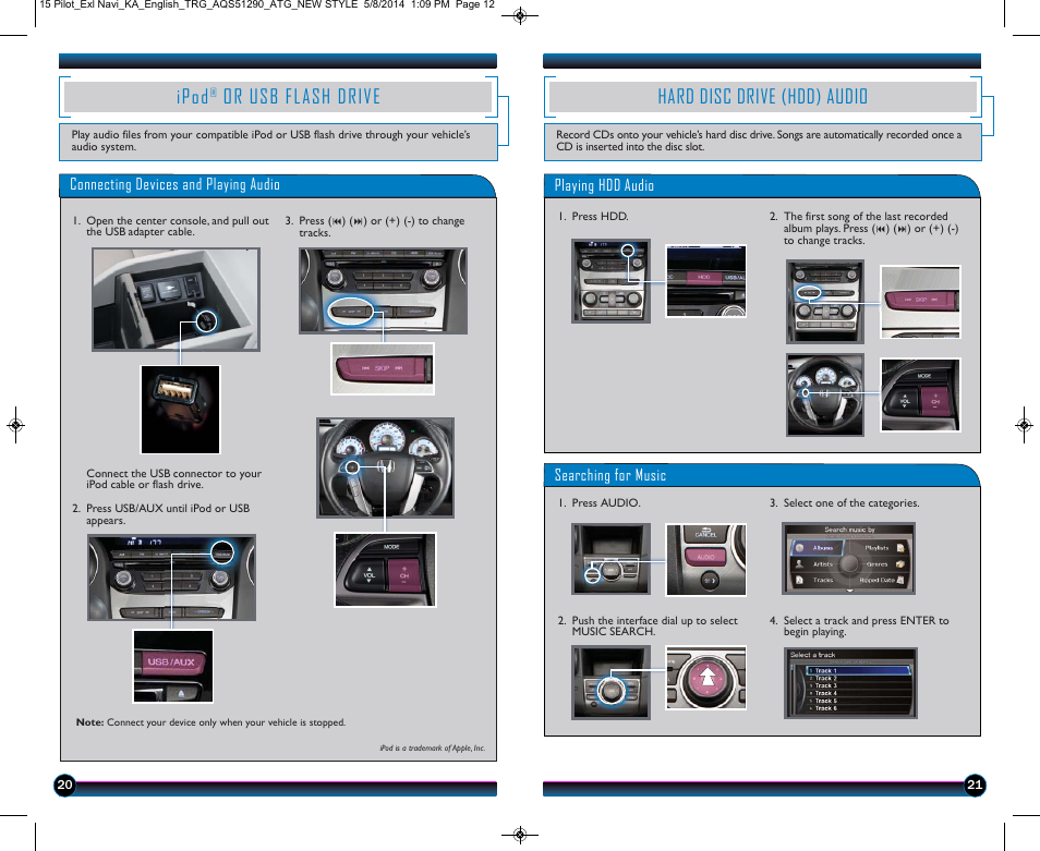 Ipod, Or usb flash drive, Hard disc drive (hdd) audio | HONDA 2015 Pilot (EX-L with Navigation) - Technology Reference Guide User Manual | Page 12 / 14