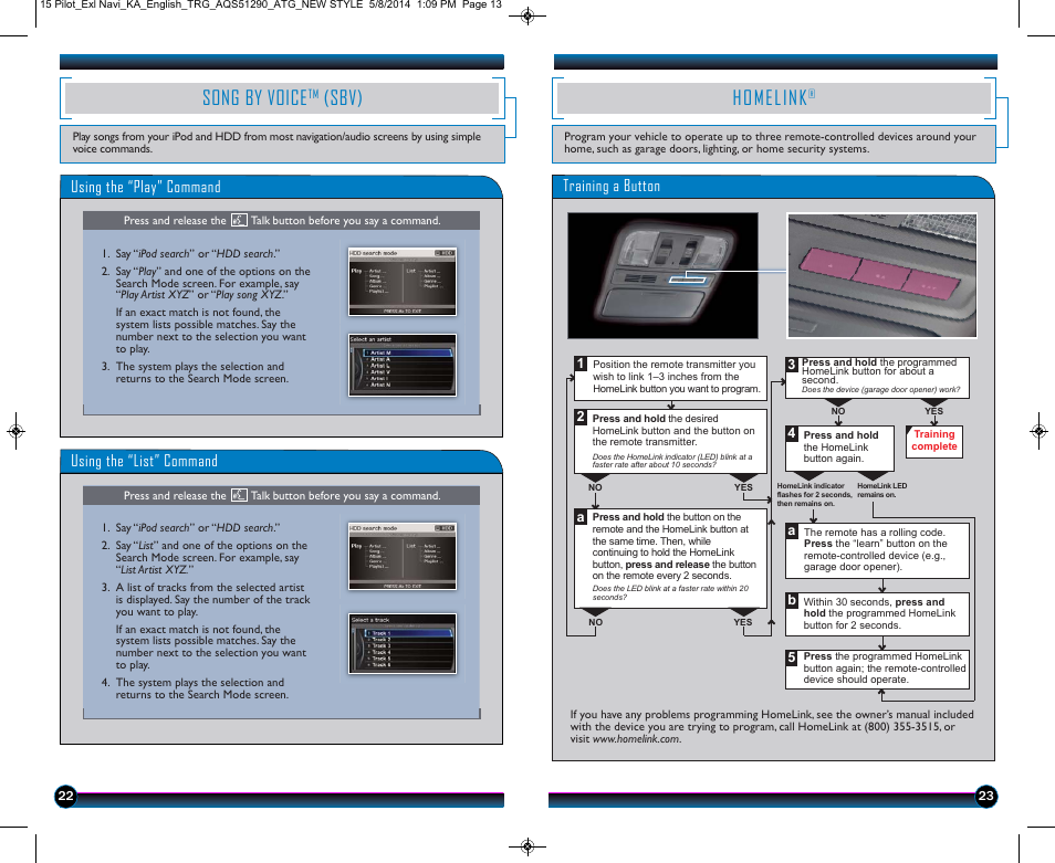 Song by voice, Sbv), Homelink | Using the “play” command, Using the “list” command, Training a button | HONDA 2015 Pilot (EX-L with Navigation) - Technology Reference Guide User Manual | Page 13 / 14