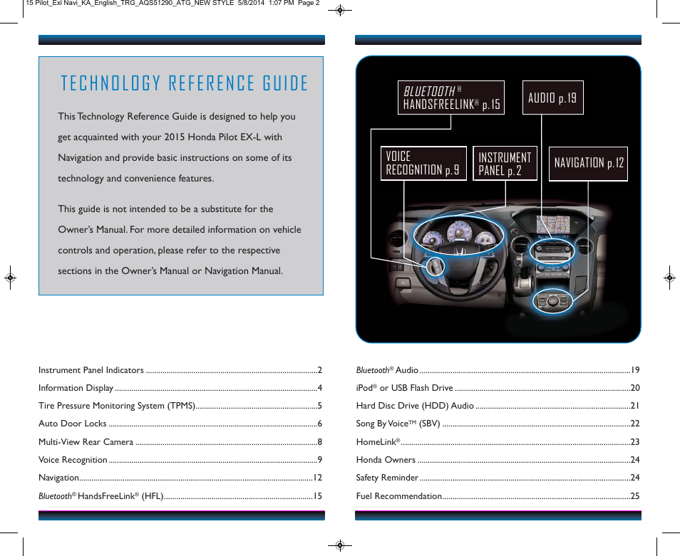 Bluetooth, Handsfreelink | HONDA 2015 Pilot (EX-L with Navigation) - Technology Reference Guide User Manual | Page 2 / 14