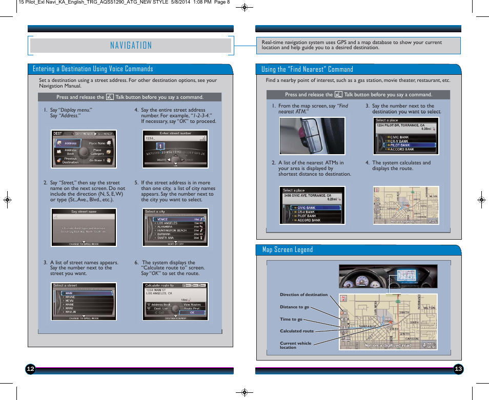 Navigation, Entering a destination using voice commands, Using the “find nearest” command map screen legend | HONDA 2015 Pilot (EX-L with Navigation) - Technology Reference Guide User Manual | Page 8 / 14
