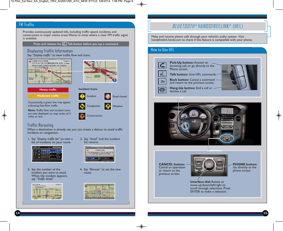 Bluetooth, Handsfreelink, Hfl) | Traffic rerouting | HONDA 2015 Pilot (EX-L with Navigation) - Technology Reference Guide User Manual | Page 9 / 14