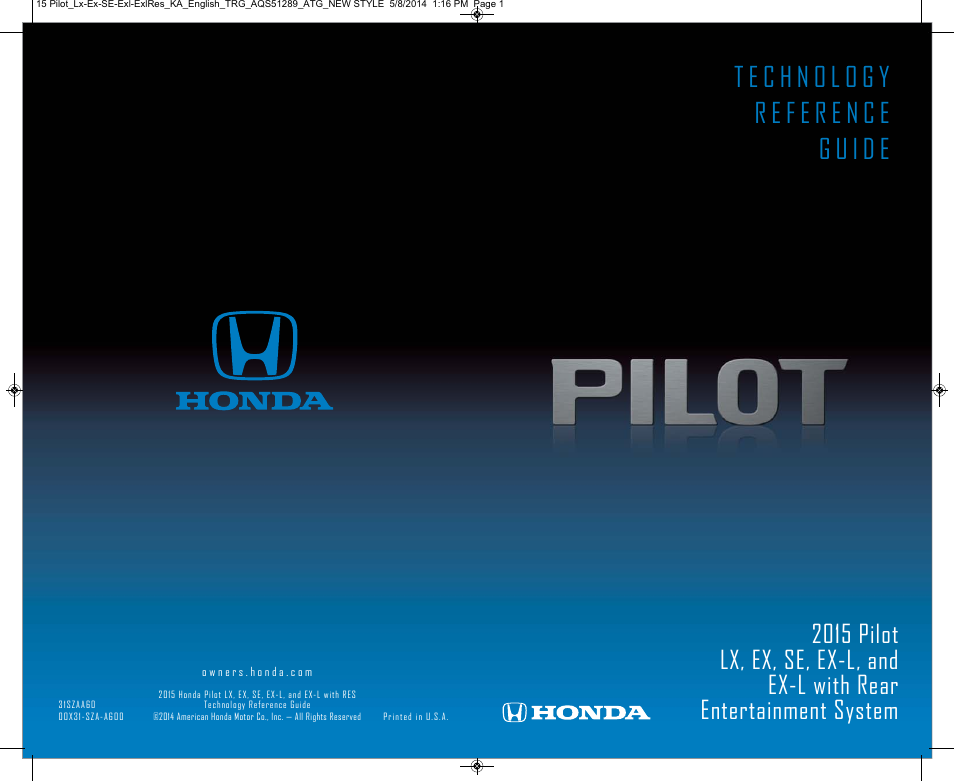 HONDA 2015 Pilot (LX, EX, SE, EX-L, EX-L w/ RES) - Technology Reference Guide User Manual | 12 pages