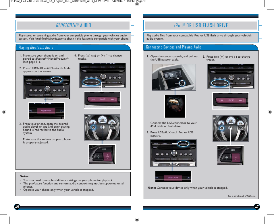 Bluetooth, Audio, Ipod | Or usb flash drive | HONDA 2015 Pilot (LX, EX, SE, EX-L, EX-L w/ RES) - Technology Reference Guide User Manual | Page 10 / 12