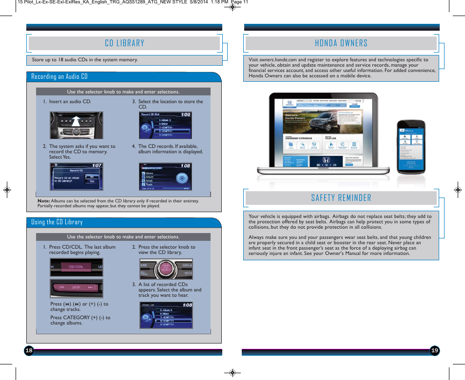 Cd library, Honda owners, Safety reminder | HONDA 2015 Pilot (LX, EX, SE, EX-L, EX-L w/ RES) - Technology Reference Guide User Manual | Page 11 / 12