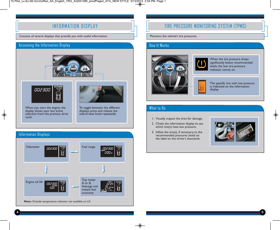 Information display, Tire pressure monitoring system (tpms) | HONDA 2015 Pilot (LX, EX, SE, EX-L, EX-L w/ RES) - Technology Reference Guide User Manual | Page 4 / 12