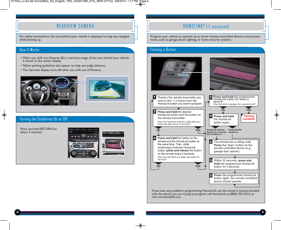 Homelink, Rearview camera, If equipped) | Training a button, How it works, Turning the guidelines on or off | HONDA 2015 Pilot (LX, EX, SE, EX-L, EX-L w/ RES) - Technology Reference Guide User Manual | Page 6 / 12