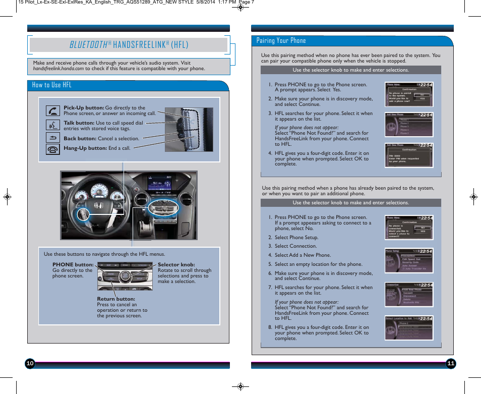 Bluetooth, Handsfreelink, Hfl) | HONDA 2015 Pilot (LX, EX, SE, EX-L, EX-L w/ RES) - Technology Reference Guide User Manual | Page 7 / 12