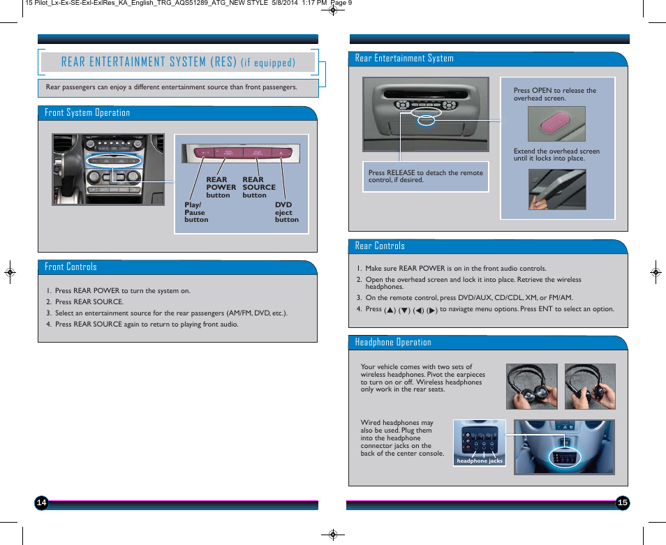 Rear entertainment system (res), If equipped) | HONDA 2015 Pilot (LX, EX, SE, EX-L, EX-L w/ RES) - Technology Reference Guide User Manual | Page 9 / 12