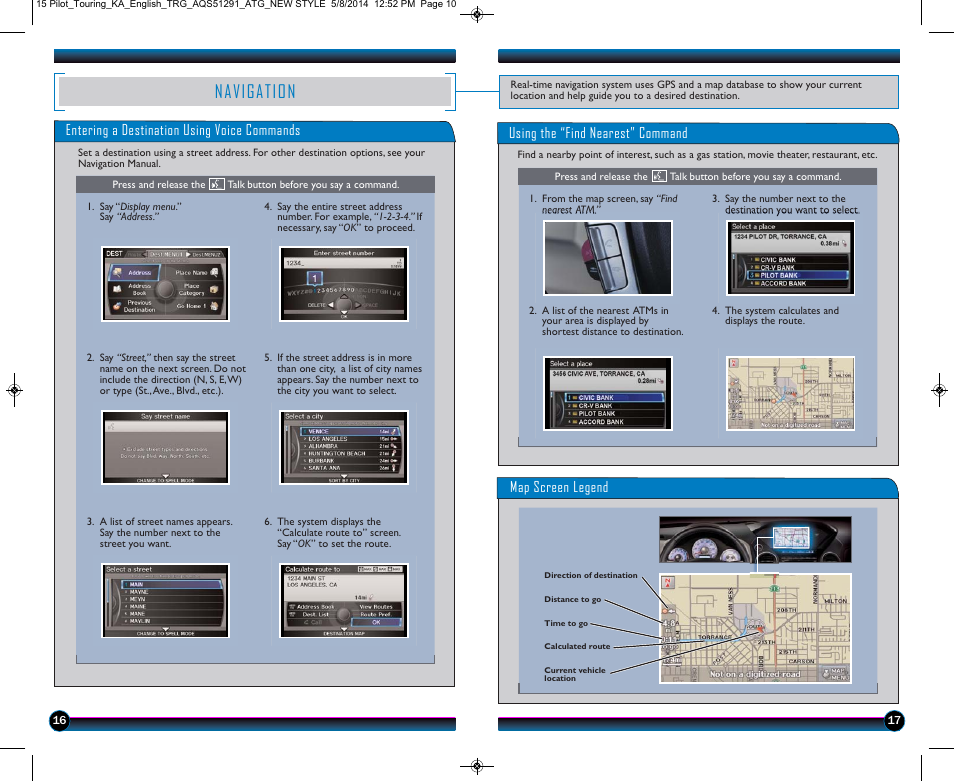 Navigation, Entering a destination using voice commands, Using the “find nearest” command | Map screen legend | HONDA 2015 Pilot (Touring) - Technology Reference Guide User Manual | Page 10 / 17