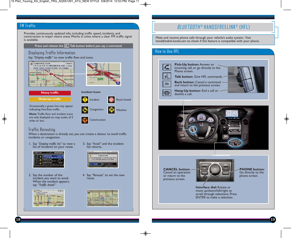 Bluetooth, Handsfreelink, Hfl) | Fm traffic displaying traffic information, Traffic rerouting, How to use hfl | HONDA 2015 Pilot (Touring) - Technology Reference Guide User Manual | Page 11 / 17