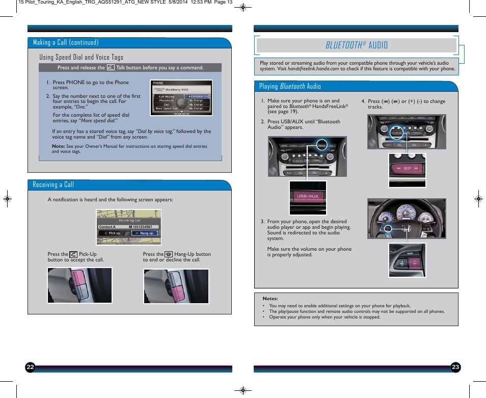 Bluetooth, Audio, Playing bluetooth audio | Using speed dial and voice tags, Receiving a call, Making a call (continued) | HONDA 2015 Pilot (Touring) - Technology Reference Guide User Manual | Page 13 / 17