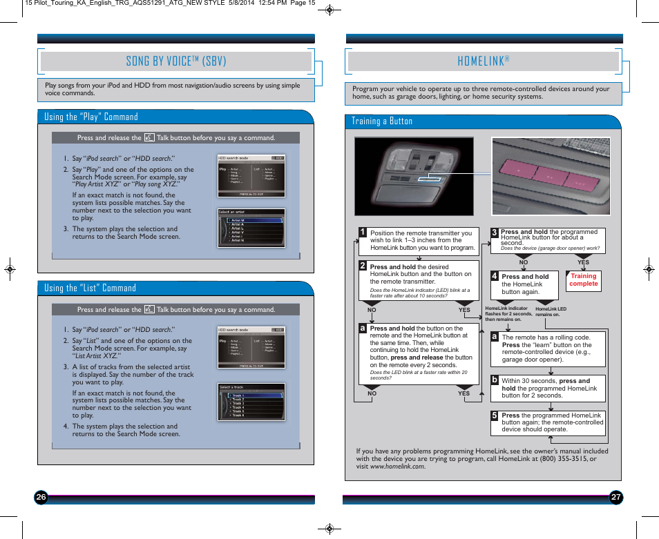 Song by voice, Sbv), Homelink | Using the “play” command, Using the “list” command, Training a button | HONDA 2015 Pilot (Touring) - Technology Reference Guide User Manual | Page 15 / 17