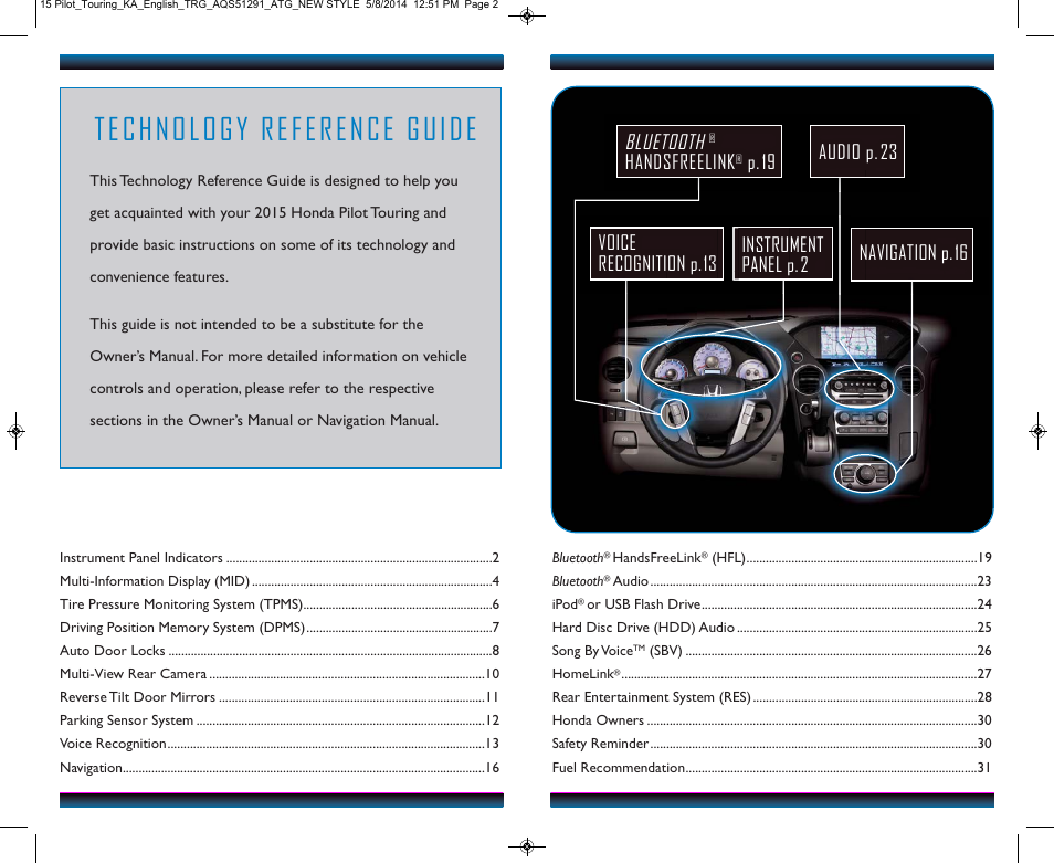 Bluetooth, Handsfreelink | HONDA 2015 Pilot (Touring) - Technology Reference Guide User Manual | Page 2 / 17