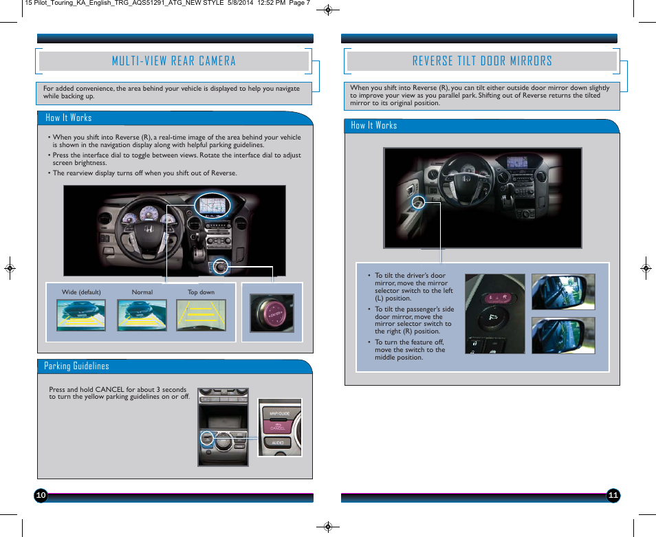 Multi-view rear camera, Reverse tilt door mirrors | HONDA 2015 Pilot (Touring) - Technology Reference Guide User Manual | Page 7 / 17