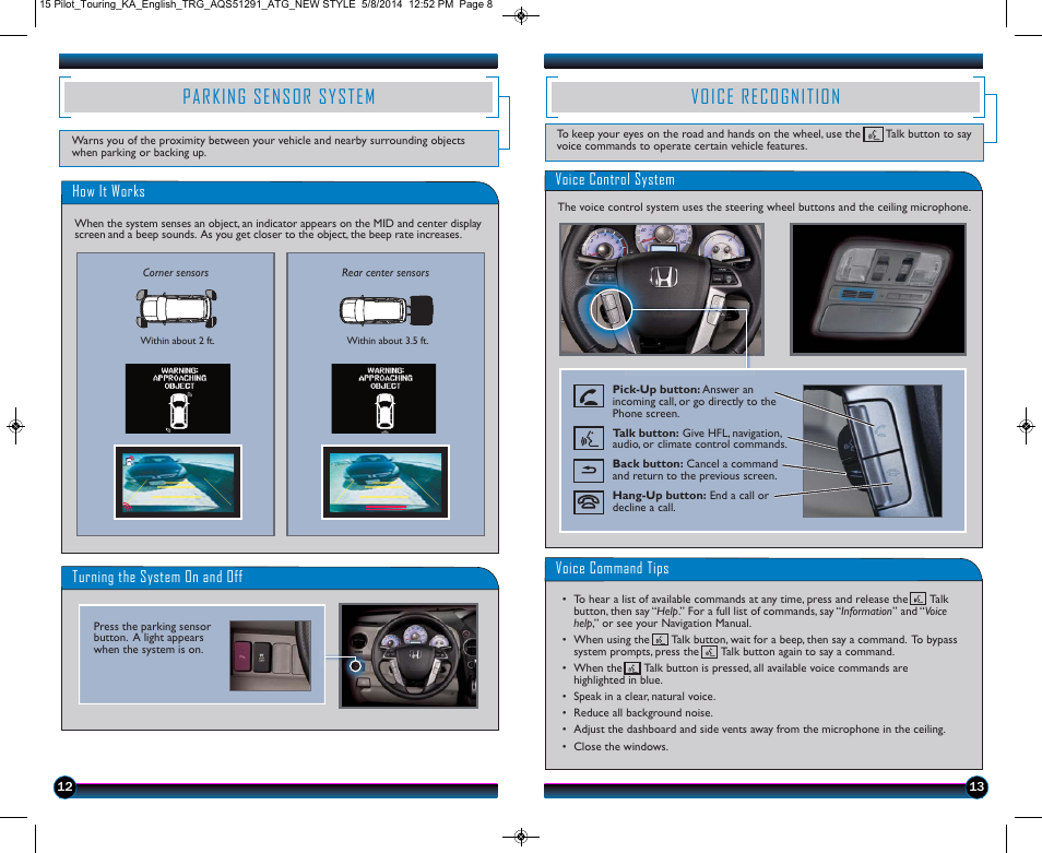 Voice recognition, Parking sensor system | HONDA 2015 Pilot (Touring) - Technology Reference Guide User Manual | Page 8 / 17