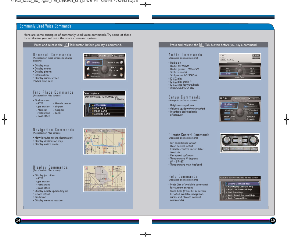 Commonly used voice commands | HONDA 2015 Pilot (Touring) - Technology Reference Guide User Manual | Page 9 / 17