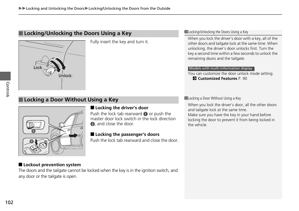 Locking/unlocking the doors using a key, Locking a door without using a key | HONDA 2015 Pilot - Owner's Manual User Manual | Page 103 / 488