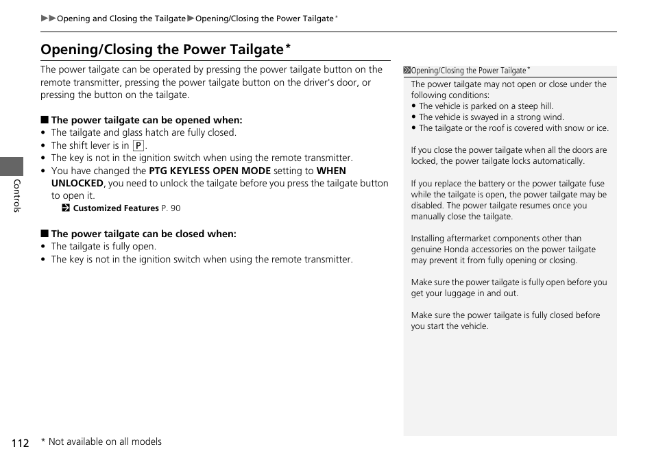 Opening/closing the power tailgate | HONDA 2015 Pilot - Owner's Manual User Manual | Page 113 / 488