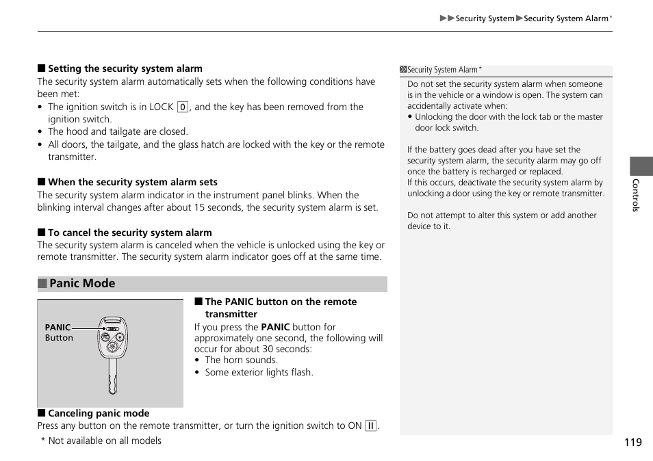 Panic mode | HONDA 2015 Pilot - Owner's Manual User Manual | Page 120 / 488