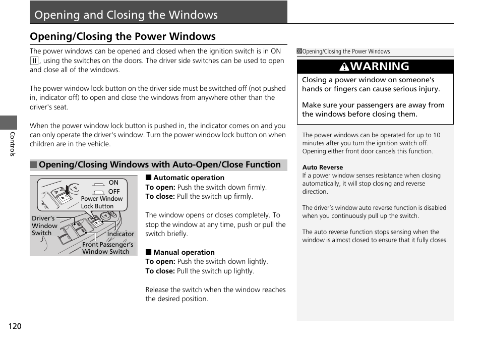 Opening and closing the windows, P120), Warning | Opening/closing the power windows | HONDA 2015 Pilot - Owner's Manual User Manual | Page 121 / 488