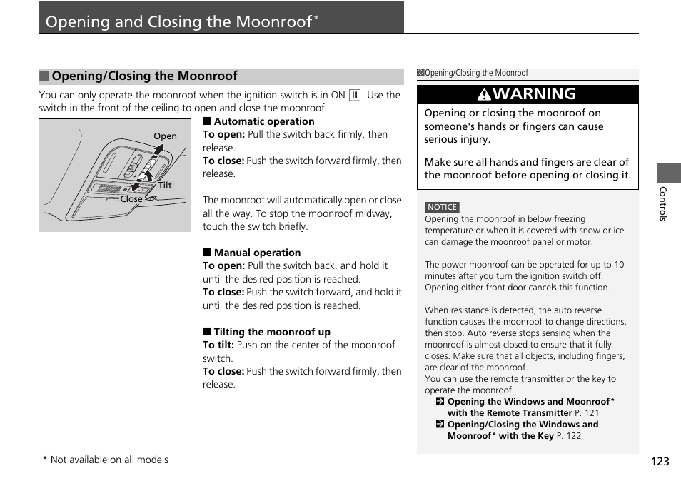 Opening and closing the moonroof, P123), Warning | HONDA 2015 Pilot - Owner's Manual User Manual | Page 124 / 488