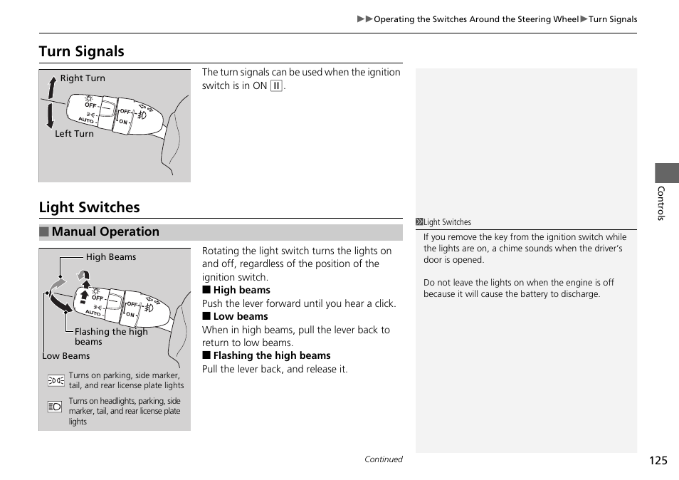 P125), P125, Turn signals light switches | Turn signals, Light switches | HONDA 2015 Pilot - Owner's Manual User Manual | Page 126 / 488