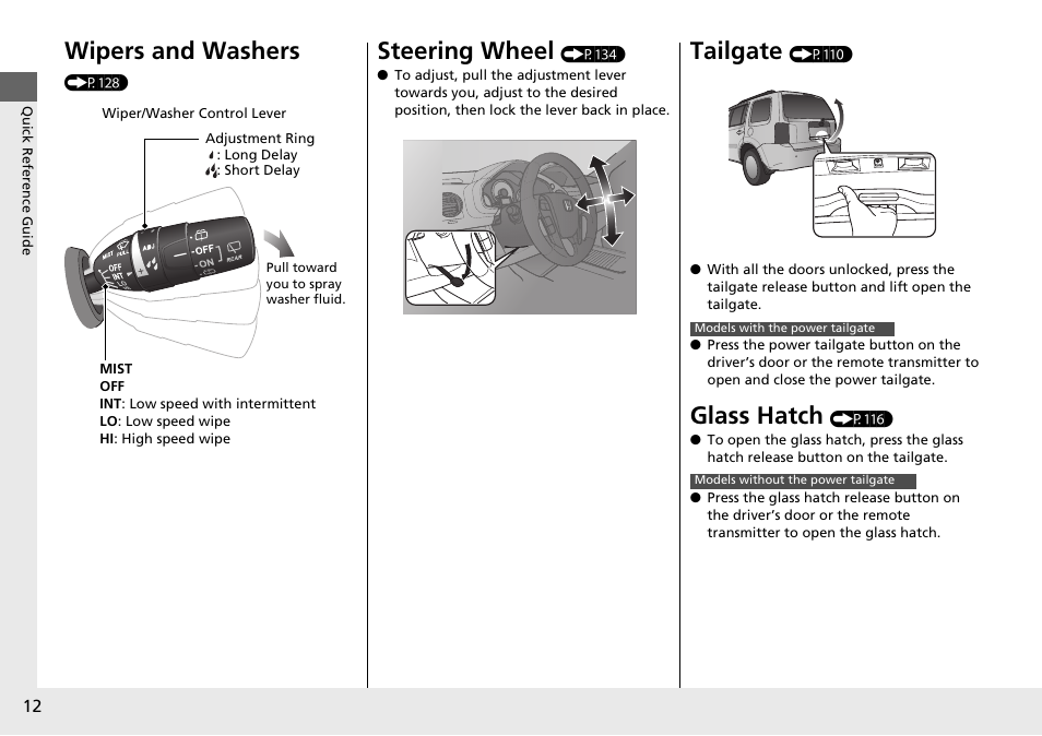 Wipers and washers, Steering wheel, Tailgate | Glass hatch | HONDA 2015 Pilot - Owner's Manual User Manual | Page 13 / 488
