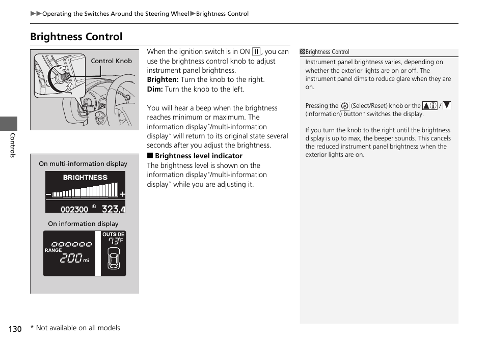 P130), Brightness control | HONDA 2015 Pilot - Owner's Manual User Manual | Page 131 / 488