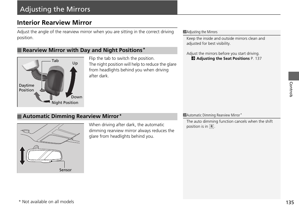 Adjusting the mirrors, P135), Interior rearview mirror | HONDA 2015 Pilot - Owner's Manual User Manual | Page 136 / 488