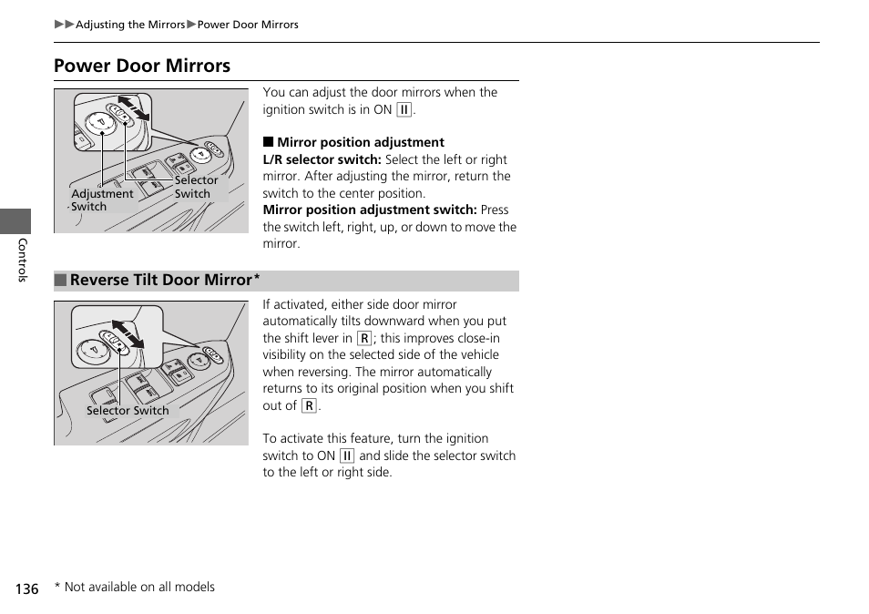 P136), Power door mirrors | HONDA 2015 Pilot - Owner's Manual User Manual | Page 137 / 488