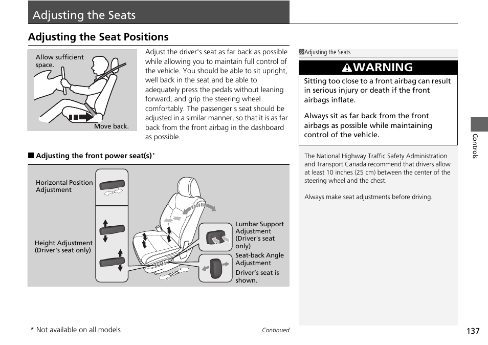Adjusting the seats, P137), Adjusting the seat positions | Adjusting the seat positions p. 137, Warning | HONDA 2015 Pilot - Owner's Manual User Manual | Page 138 / 488