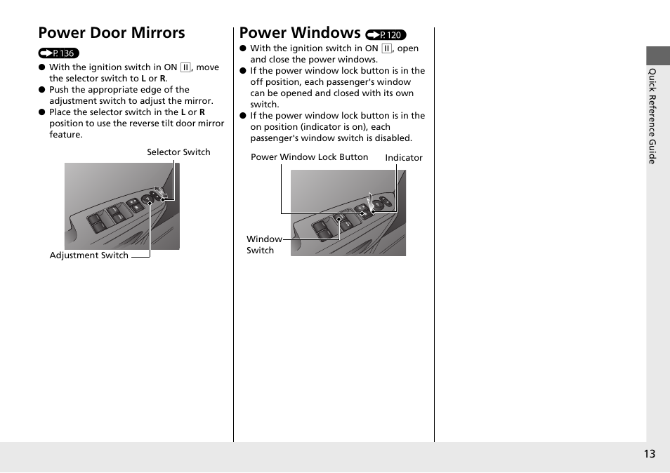 Power door mirrors, Power windows | HONDA 2015 Pilot - Owner's Manual User Manual | Page 14 / 488