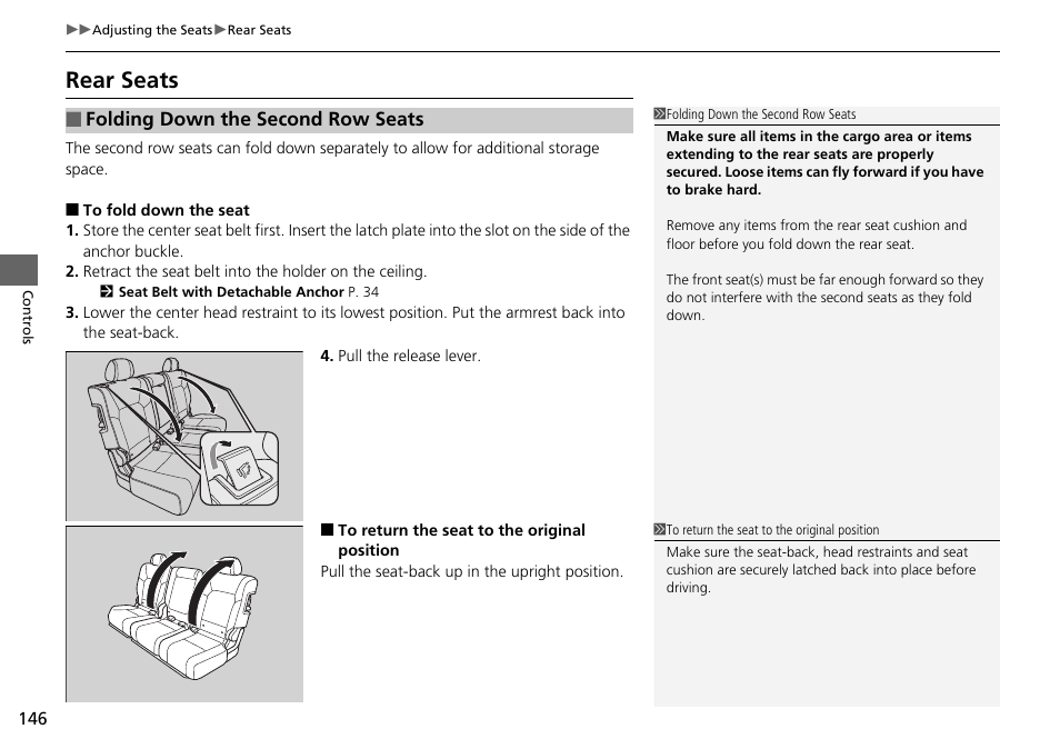 P146, Rear seats | HONDA 2015 Pilot - Owner's Manual User Manual | Page 147 / 488