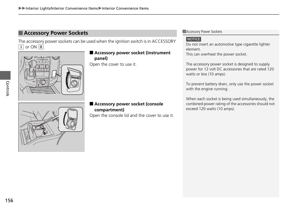 P156, P156), Accessory power sockets | HONDA 2015 Pilot - Owner's Manual User Manual | Page 157 / 488