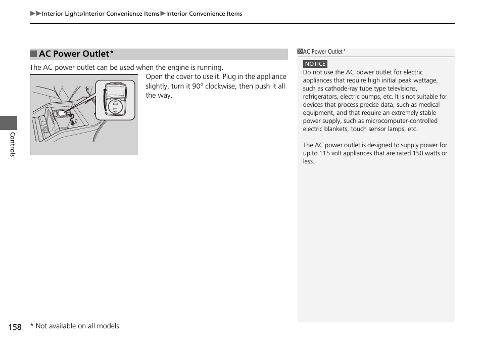 Ac power outlet | HONDA 2015 Pilot - Owner's Manual User Manual | Page 159 / 488