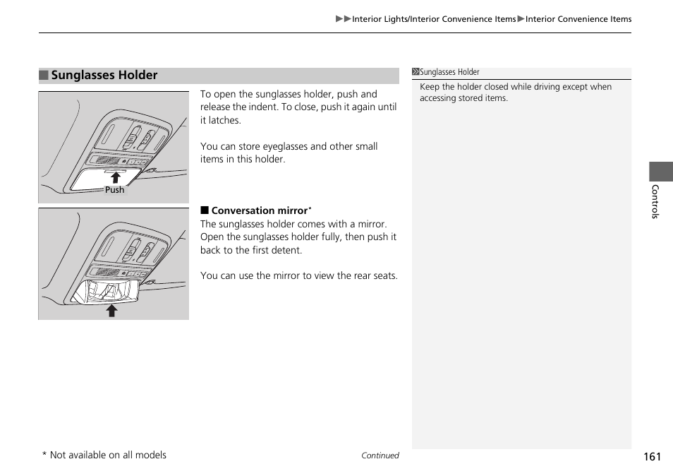 P161), Sunglasses holder | HONDA 2015 Pilot - Owner's Manual User Manual | Page 162 / 488