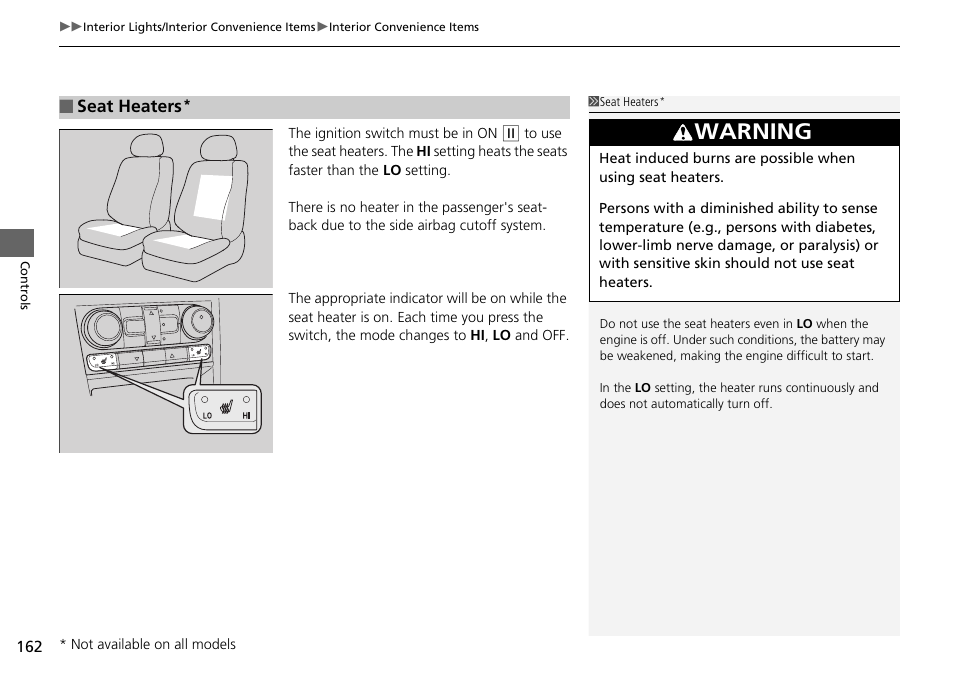 P162), Warning | HONDA 2015 Pilot - Owner's Manual User Manual | Page 163 / 488