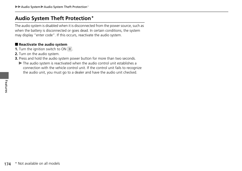 Audio system theft protection | HONDA 2015 Pilot - Owner's Manual User Manual | Page 175 / 488