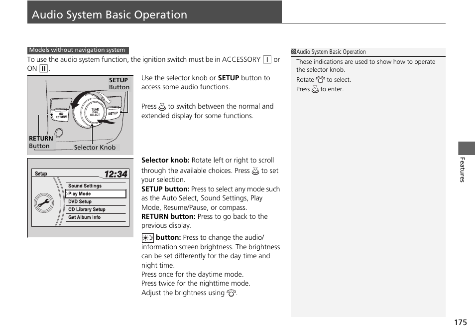 Audio system basic operation | HONDA 2015 Pilot - Owner's Manual User Manual | Page 176 / 488