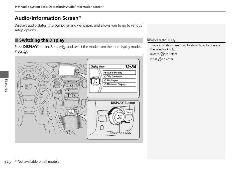 Audio/information screen, Switching the display | HONDA 2015 Pilot - Owner's Manual User Manual | Page 177 / 488