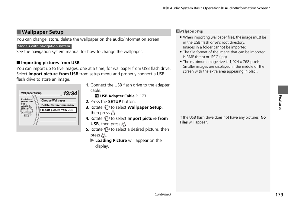 Wallpaper setup p. 179, Wallpaper setup | HONDA 2015 Pilot - Owner's Manual User Manual | Page 180 / 488