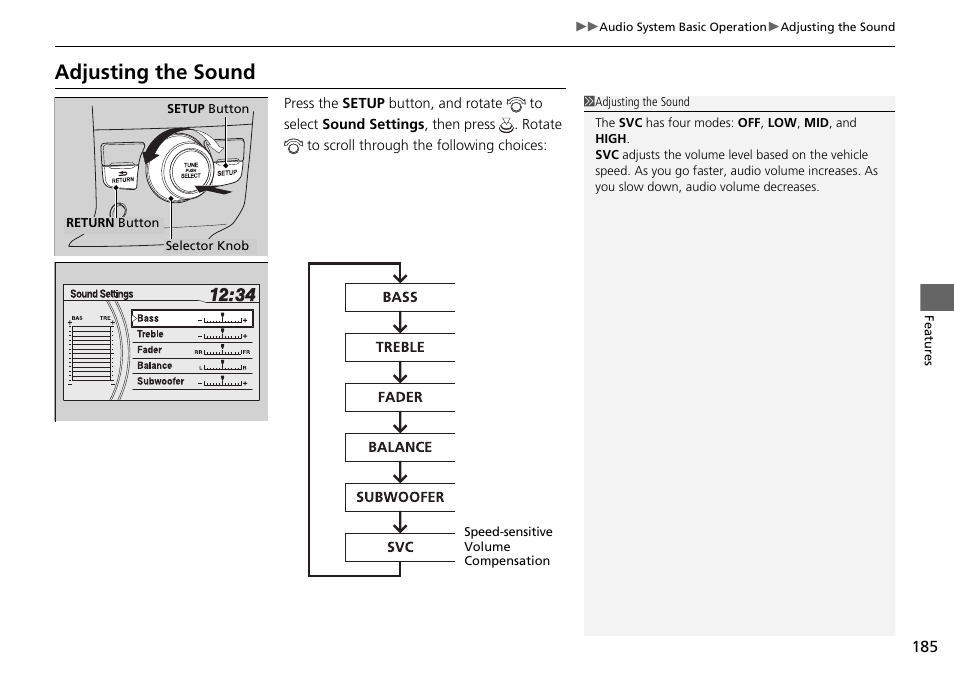 Adjusting the sound | HONDA 2015 Pilot - Owner's Manual User Manual | Page 186 / 488