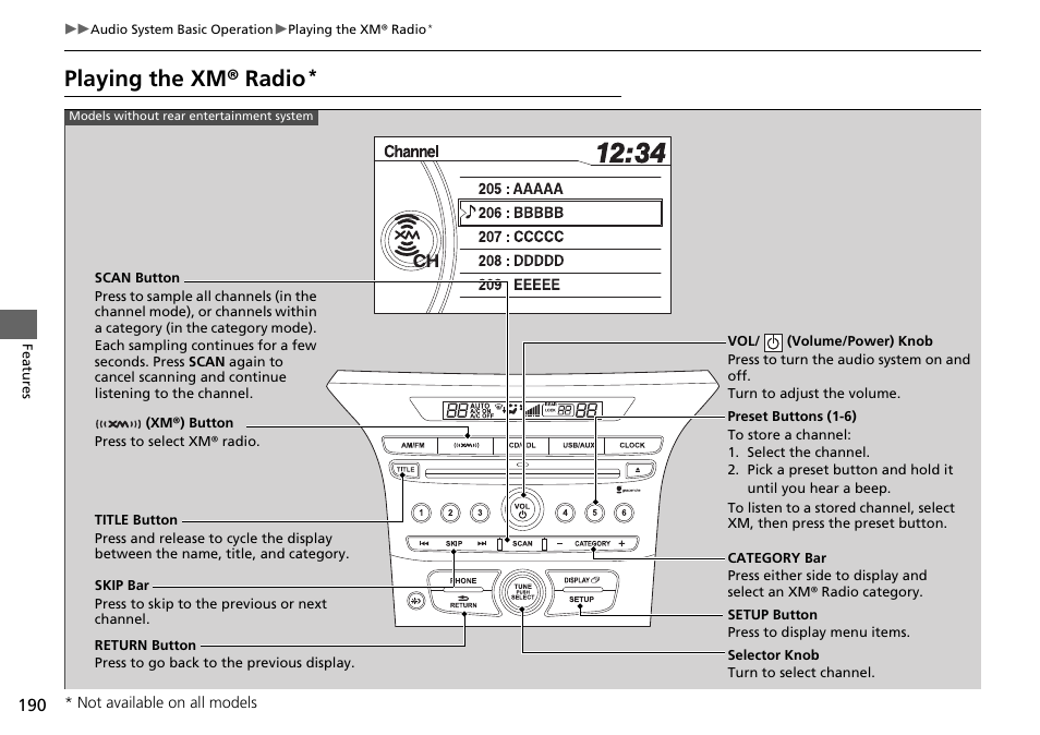 Playing the xm® radio | HONDA 2015 Pilot - Owner's Manual User Manual | Page 191 / 488