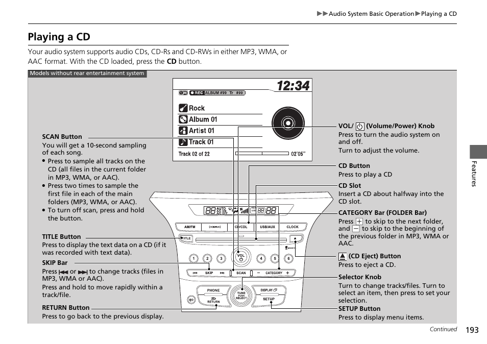 Playing a cd | HONDA 2015 Pilot - Owner's Manual User Manual | Page 194 / 488