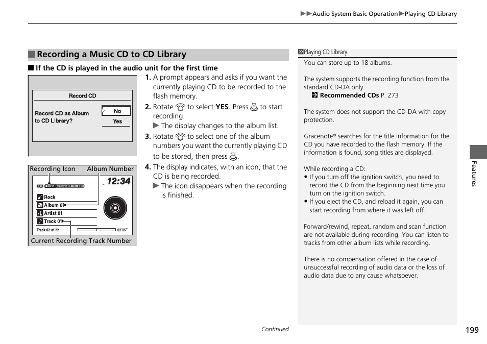 Recording a music cd to cd library | HONDA 2015 Pilot - Owner's Manual User Manual | Page 200 / 488